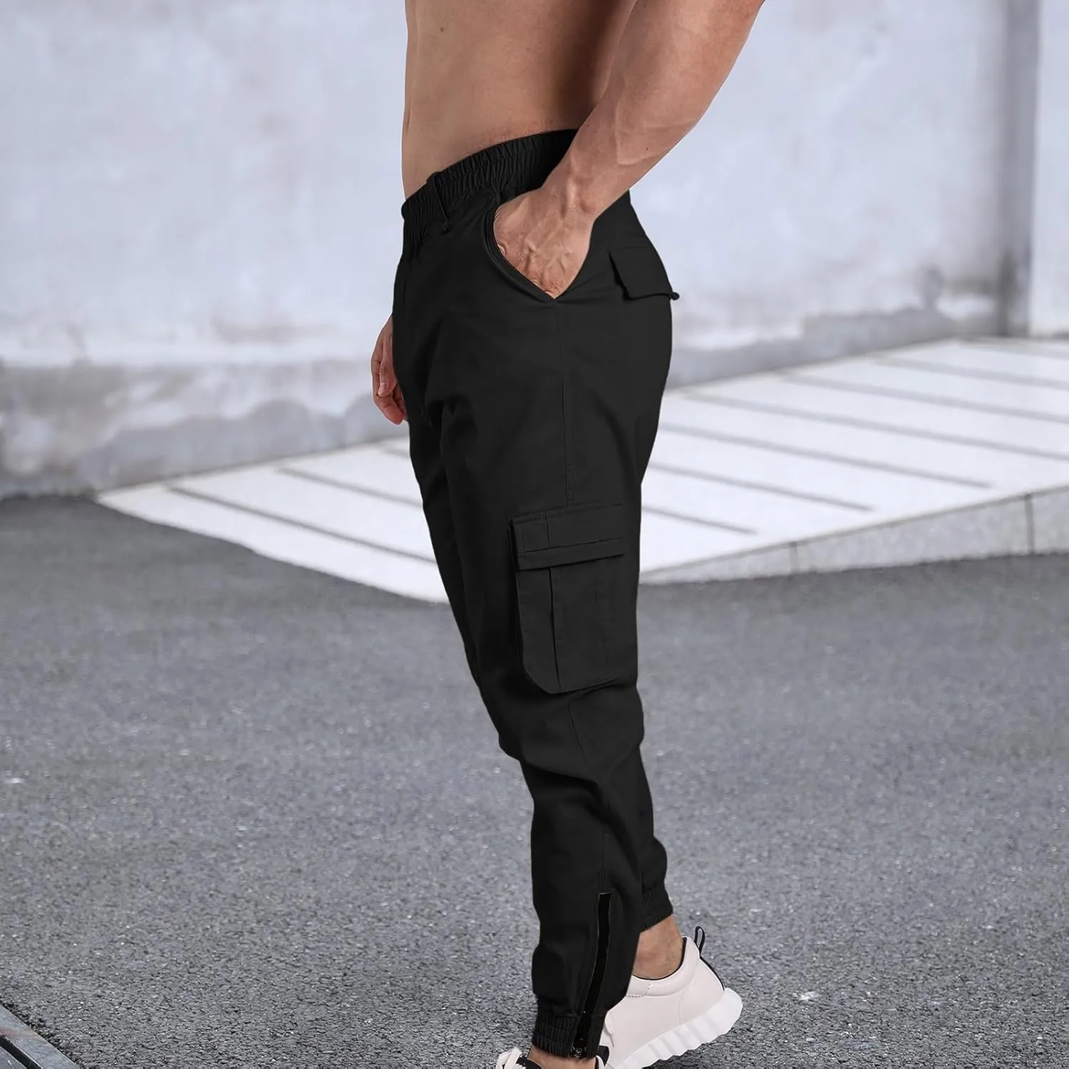Men's Cargo Pants Casual Elastic Waist Pants Loose fit Jogger Pants Outdoor Hiking Pants Gym Pants with Pockets