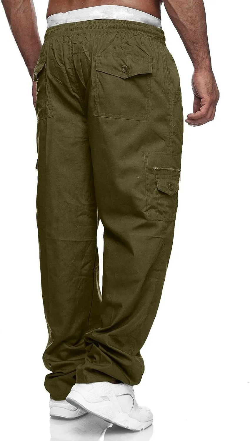 Mens Cargo Pants Casual Loose Fit Joggers Multi Pockets Outdoor Hiking Work Sweatpants