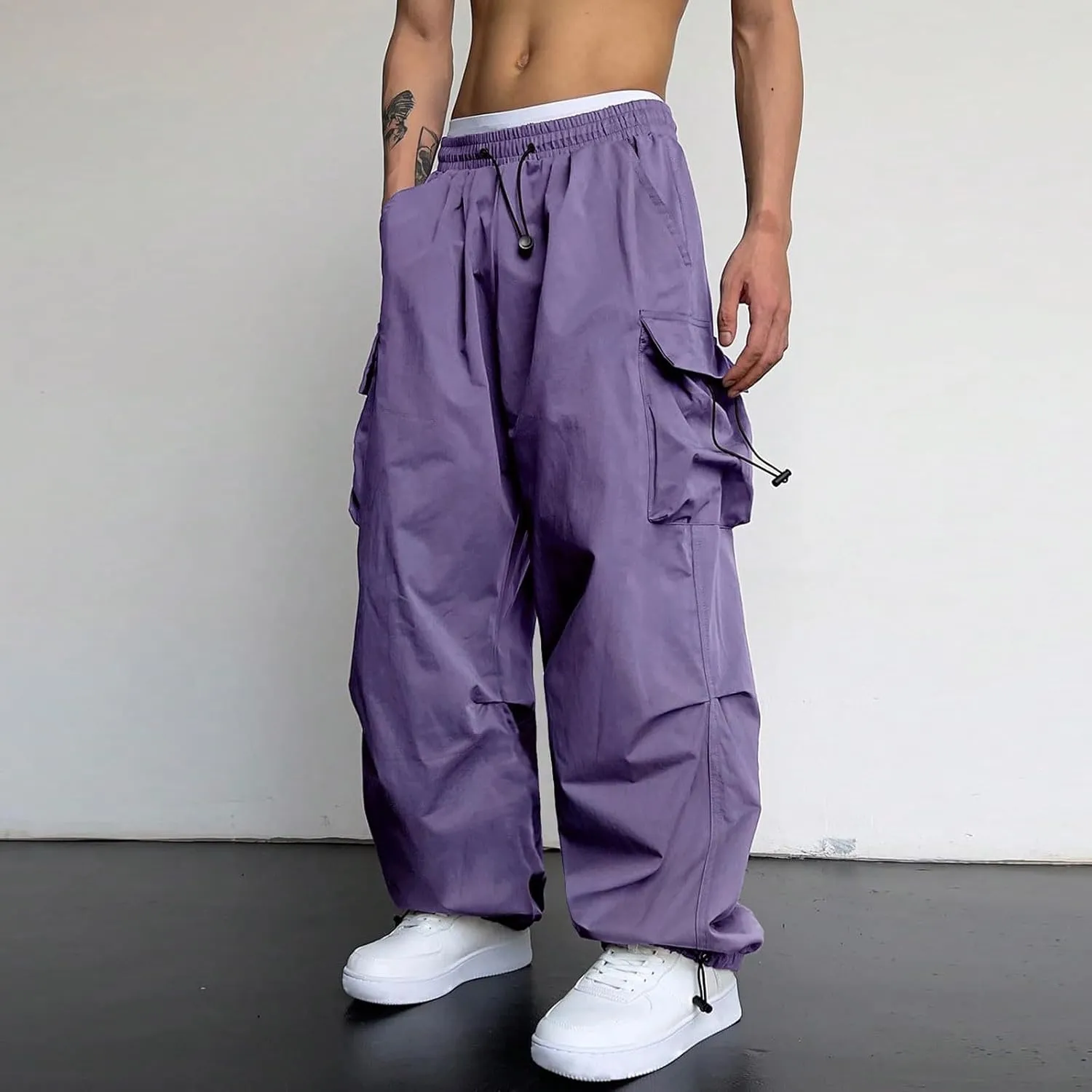 Men's Cargo Pants Elastic Waist Lightweight Drawstring Outdoor Tactical Pants Fashion Streetwear Athletic Hiking Pants