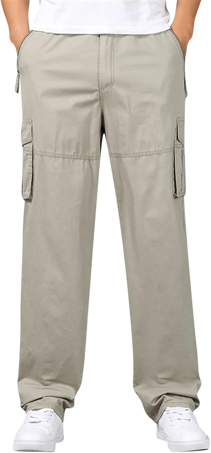Mens Cargo Work Pants Cotton Plus Size Elastic Waist Straight Leg Tactical Pants Multi-Pocket Outdoor Hiking Pant
