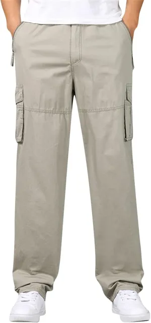 Mens Cargo Work Pants Cotton Plus Size Elastic Waist Straight Leg Tactical Pants Multi-Pocket Outdoor Hiking Pant