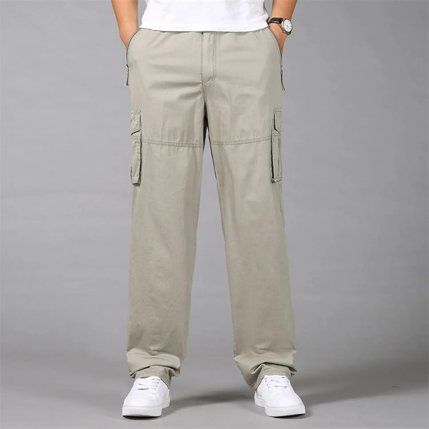 Mens Cargo Work Pants Cotton Plus Size Elastic Waist Straight Leg Tactical Pants Multi-Pocket Outdoor Hiking Pant