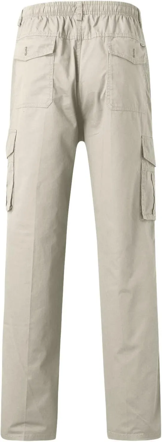 Mens Cargo Work Pants Cotton Plus Size Elastic Waist Straight Leg Tactical Pants Multi-Pocket Outdoor Hiking Pant