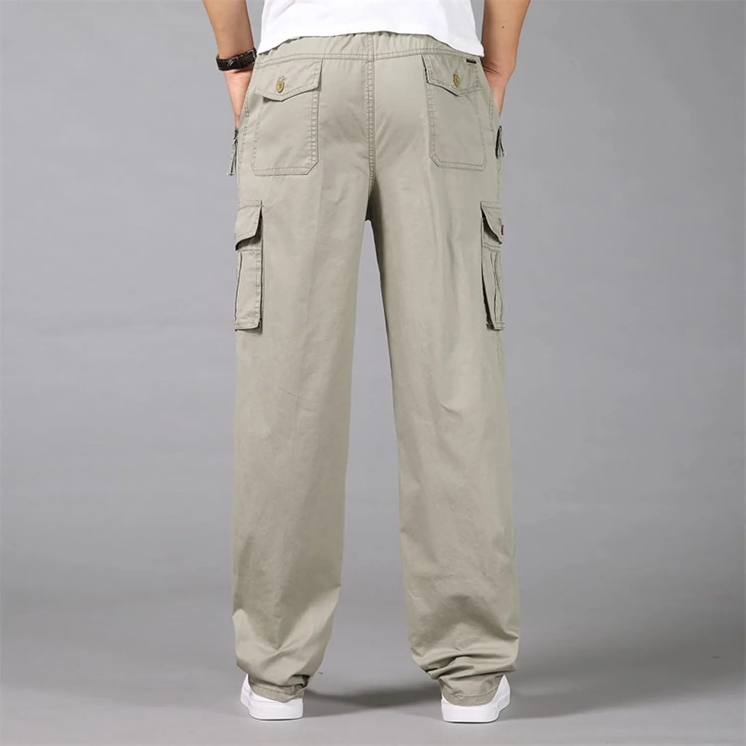 Mens Cargo Work Pants Cotton Plus Size Elastic Waist Straight Leg Tactical Pants Multi-Pocket Outdoor Hiking Pant