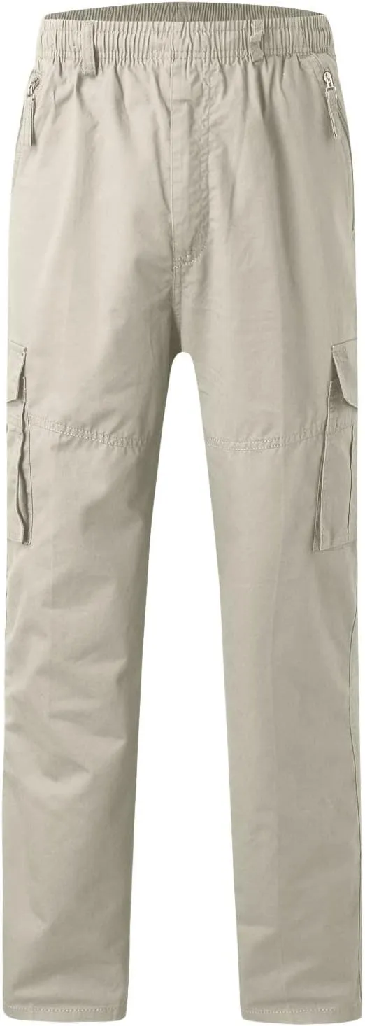Mens Cargo Work Pants Cotton Plus Size Elastic Waist Straight Leg Tactical Pants Multi-Pocket Outdoor Hiking Pant