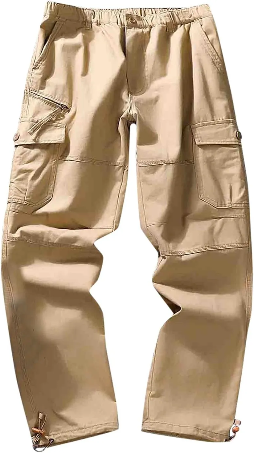 Mens Cargo Work Pants Elastic Waist Slim Fit Athletic Jogger Pants Drawstring Khaki Chinos Trousers Sweatpants
