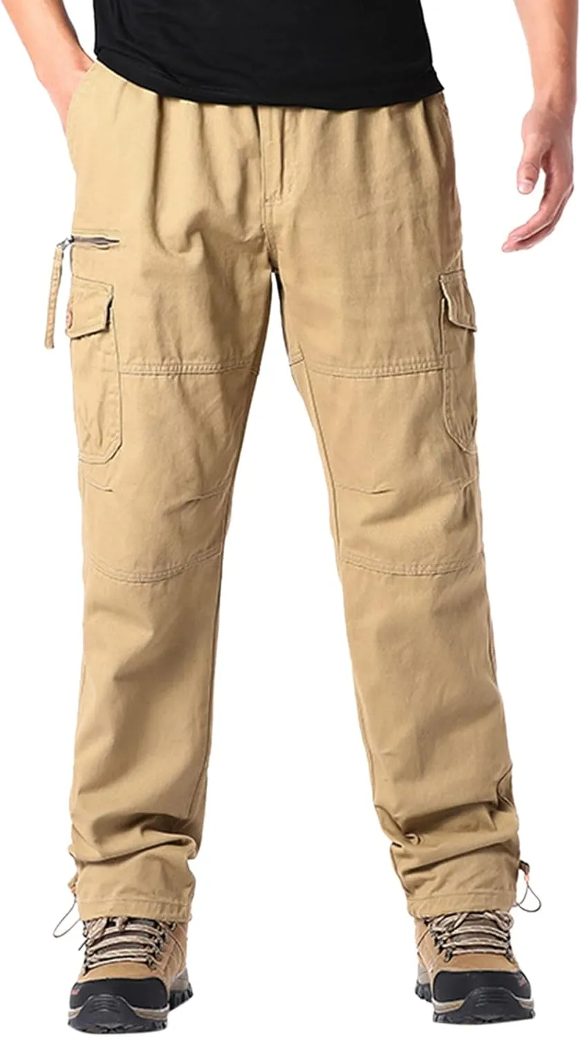 Mens Cargo Work Pants Elastic Waist Slim Fit Athletic Jogger Pants Drawstring Khaki Chinos Trousers Sweatpants