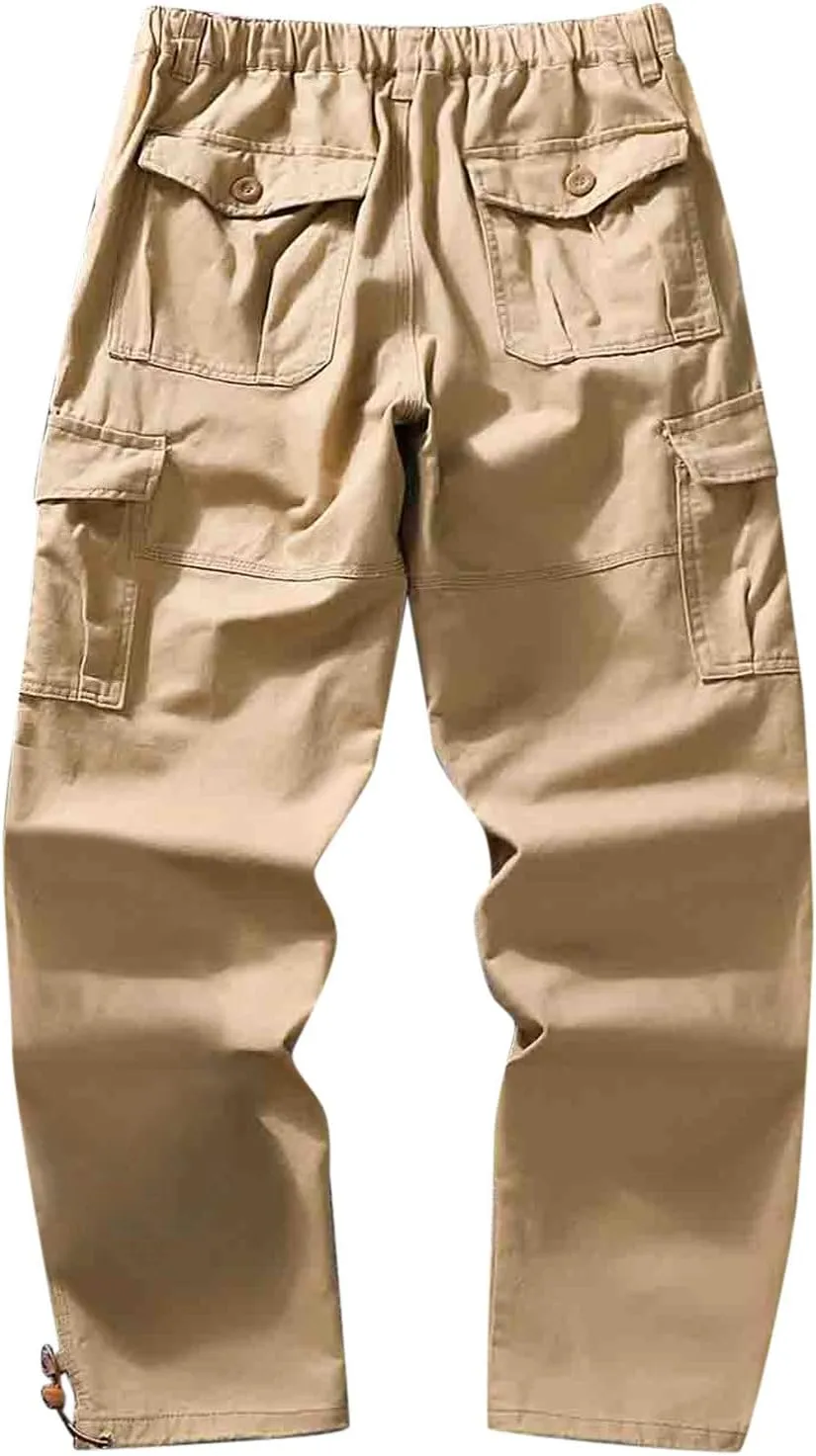 Mens Cargo Work Pants Elastic Waist Slim Fit Athletic Jogger Pants Drawstring Khaki Chinos Trousers Sweatpants