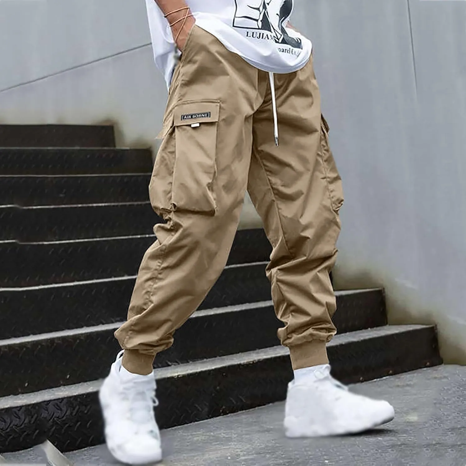Men's Casual Cargo Pant Drawstring Elastic Waist Pants Flap Pocket Letter Graphic Street Jogger Cargo Pants