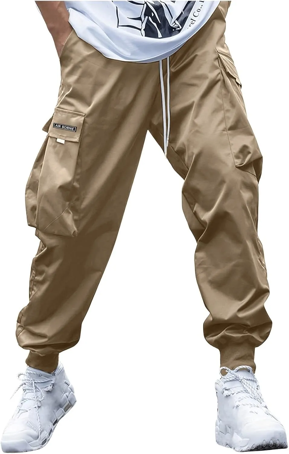 Men's Casual Cargo Pant Drawstring Elastic Waist Pants Flap Pocket Letter Graphic Street Jogger Cargo Pants