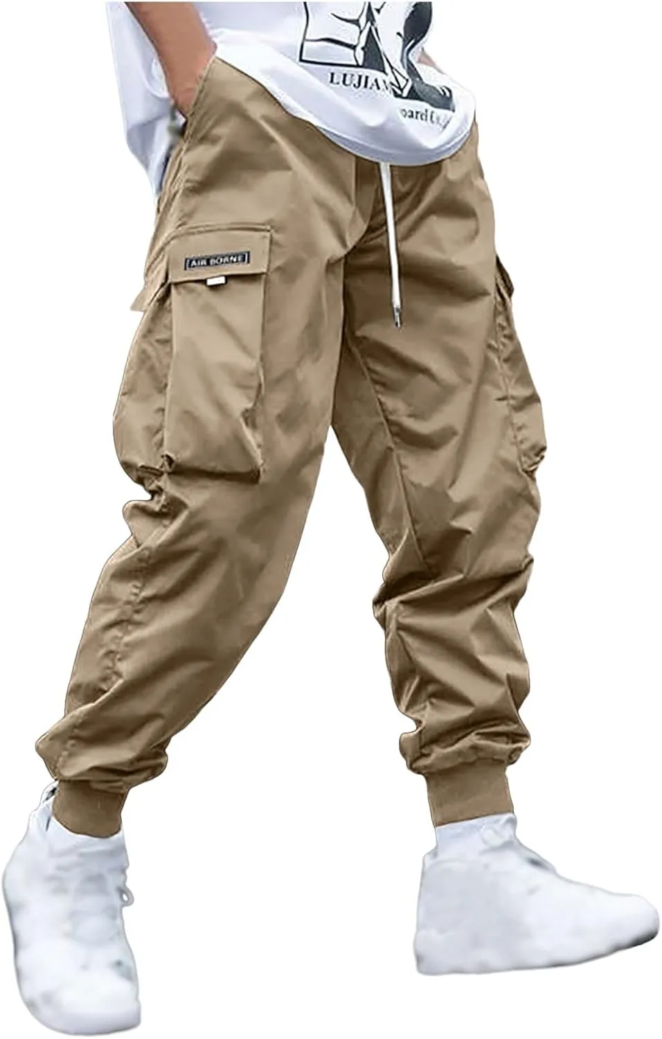 Men's Casual Cargo Pant Drawstring Elastic Waist Pants Flap Pocket Letter Graphic Street Jogger Cargo Pants