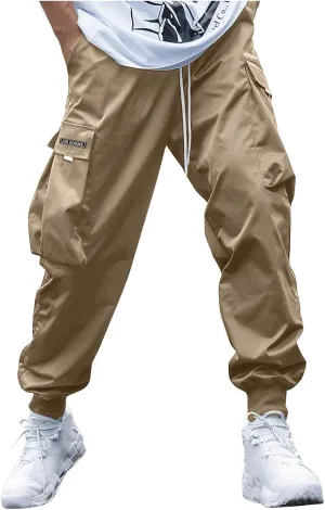 Men's Casual Cargo Pant Drawstring Elastic Waist Pants Flap Pocket Letter Graphic Street Jogger Cargo Pants
