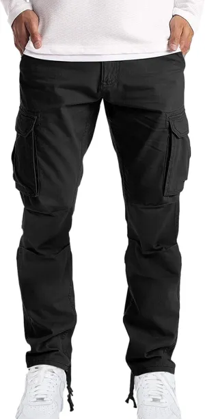 Mens Casual Cargo Pants Pleated Elastic Waist Drawstring Stretch Relaxed Fit Work Pants with Multi-Pocket