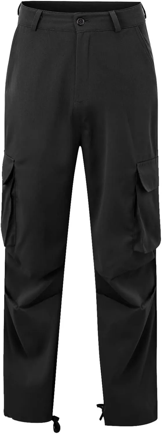 Mens Casual Cargo Pants Pleated Elastic Waist Drawstring Stretch Relaxed Fit Work Pants with Multi-Pocket