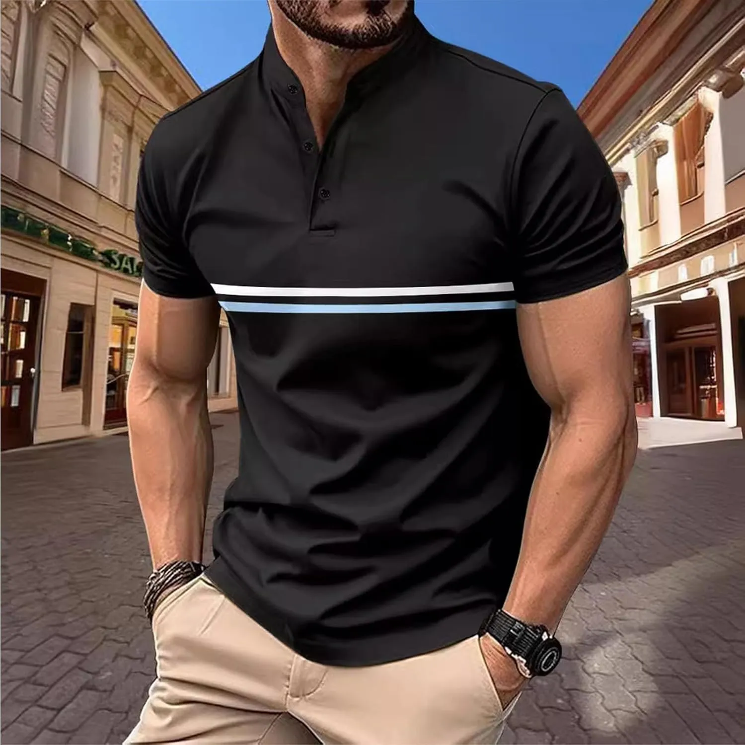 Mens Casual Golf Shirts Henley Neck Quarter Button Short Sleeve T-Shirt Loose Fit Striped Activewear Work Shirts