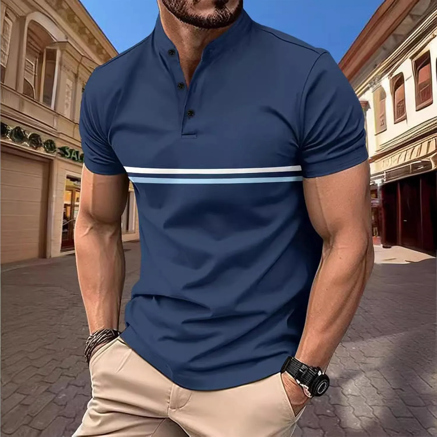 Mens Casual Golf Shirts Henley Neck Quarter Button Short Sleeve T-Shirt Loose Fit Striped Activewear Work Shirts