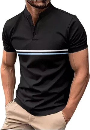 Mens Casual Golf Shirts Henley Neck Quarter Button Short Sleeve T-Shirt Loose Fit Striped Activewear Work Shirts