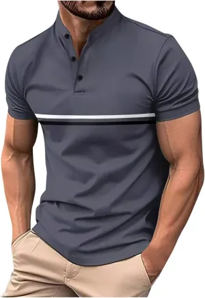 Mens Casual Golf Shirts Henley Neck Quarter Button Short Sleeve T-Shirt Loose Fit Striped Activewear Work Shirts