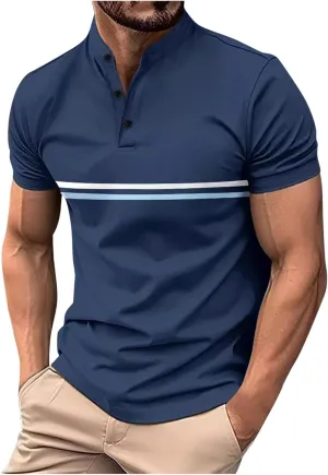 Mens Casual Golf Shirts Henley Neck Quarter Button Short Sleeve T-Shirt Loose Fit Striped Activewear Work Shirts