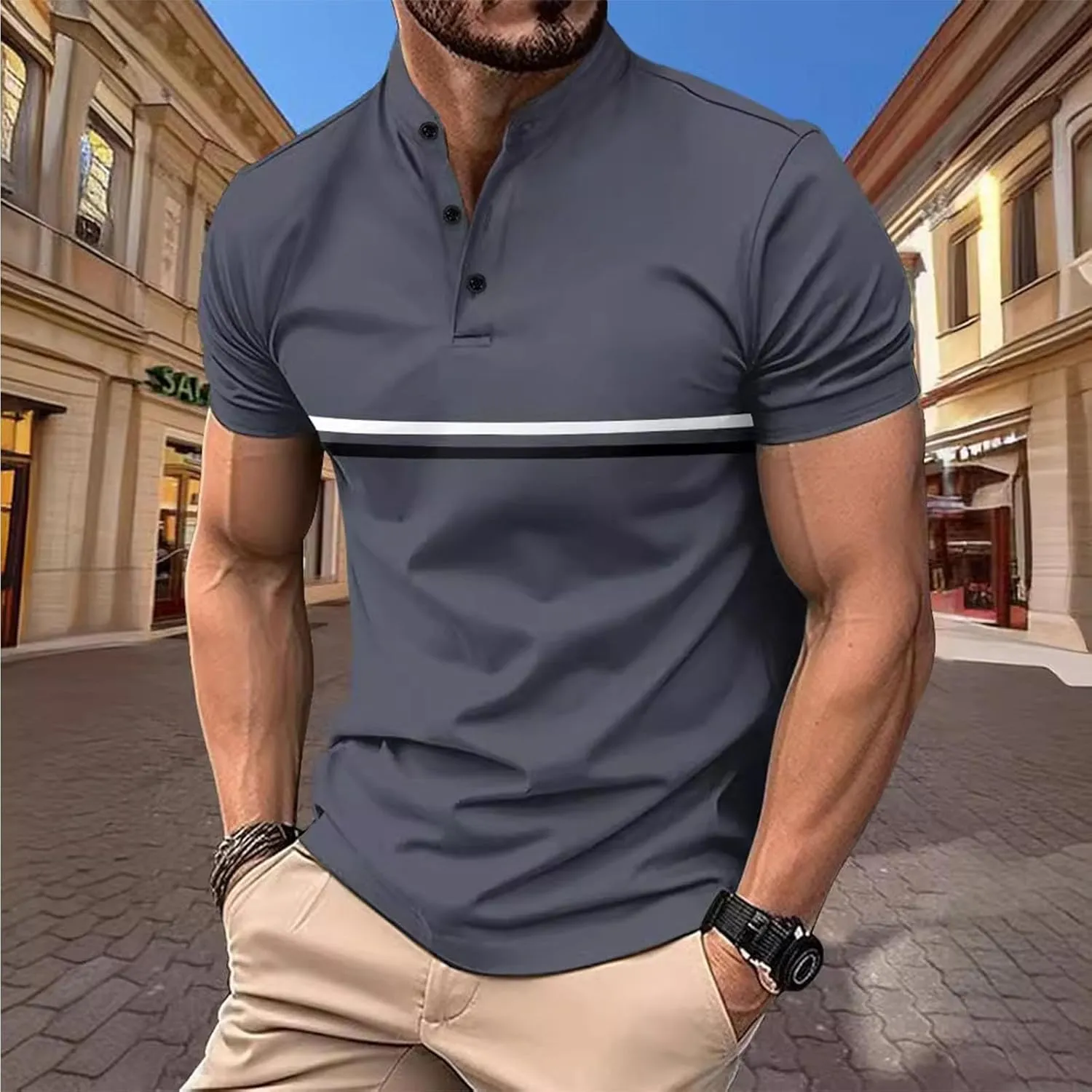 Mens Casual Golf Shirts Henley Neck Quarter Button Short Sleeve T-Shirt Loose Fit Striped Activewear Work Shirts
