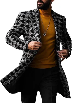 Mens Casual Printed Double Breasted Lapel Trench Coat, Fall Windproof, Slim Fit, Mid-Long Duffle Overcoat Jacket