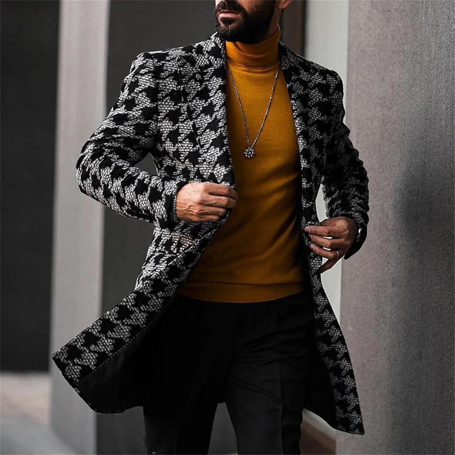 Mens Casual Printed Double Breasted Lapel Trench Coat, Fall Windproof, Slim Fit, Mid-Long Duffle Overcoat Jacket