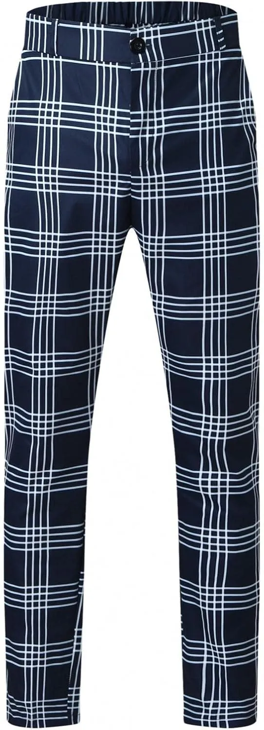 Men's Classic Fit Dress Pants Chinos Stretch Flat-Front Dress Pants Plaid Skinny Tapered Business Trousers Pencil Pants