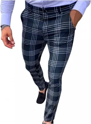 Men's Classic Fit Dress Pants Chinos Stretch Flat-Front Dress Pants Plaid Skinny Tapered Business Trousers Pencil Pants