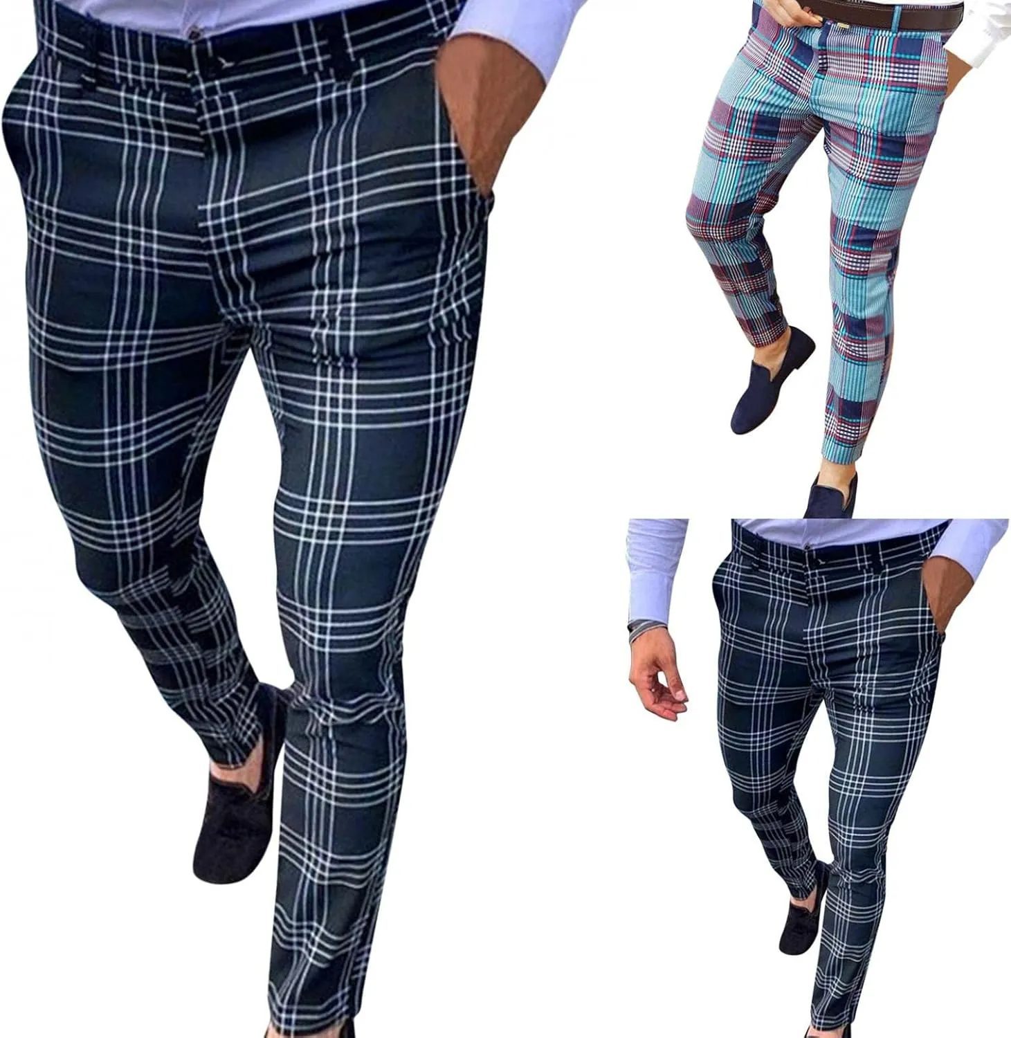 Men's Classic Fit Dress Pants Chinos Stretch Flat-Front Dress Pants Plaid Skinny Tapered Business Trousers Pencil Pants