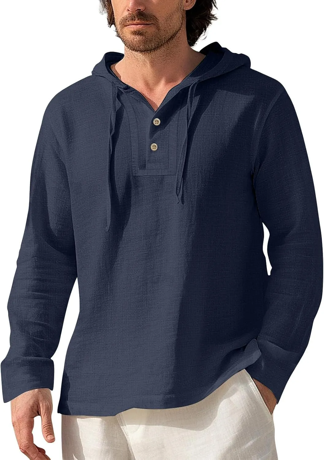 Mens Cotton Linen Hoodies Sun Protection Lightweight Beach Shirt Long Sleeve V Neck Button Down Hooded Shirt