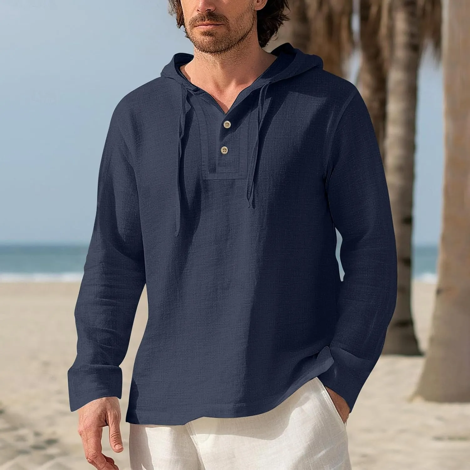 Mens Cotton Linen Hoodies Sun Protection Lightweight Beach Shirt Long Sleeve V Neck Button Down Hooded Shirt