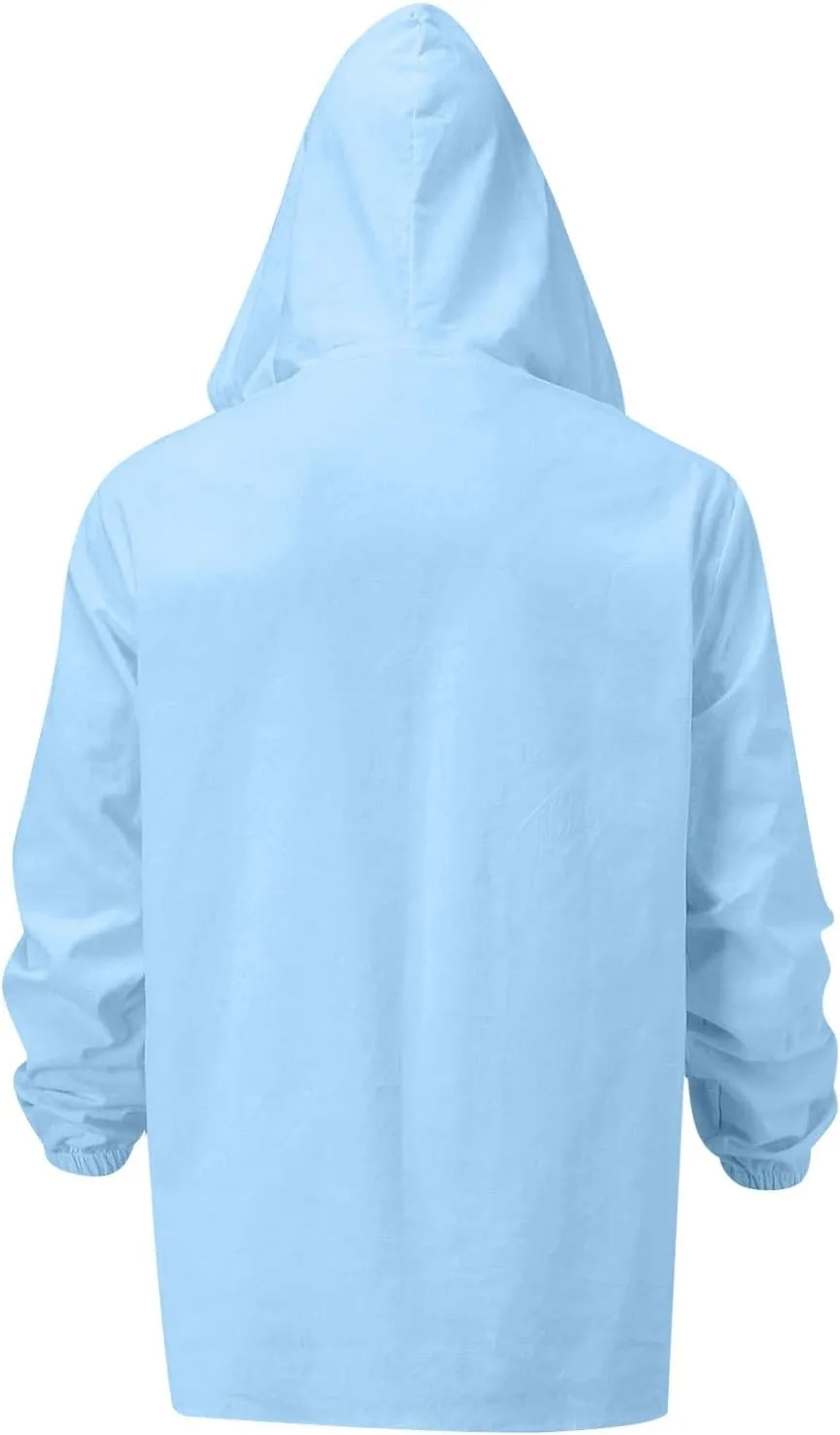 Mens Cotton Linen Hoodies Sun Protection Lightweight Beach Shirt Long Sleeve V Neck Button Down Hooded Shirt