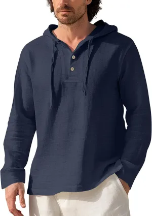 Mens Cotton Linen Hoodies Sun Protection Lightweight Beach Shirt Long Sleeve V Neck Button Down Hooded Shirt