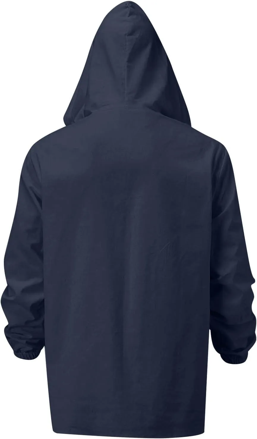 Mens Cotton Linen Hoodies Sun Protection Lightweight Beach Shirt Long Sleeve V Neck Button Down Hooded Shirt