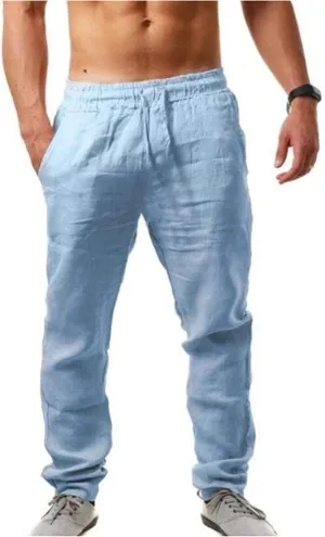 Mens Cotton Linen Pants Elastic Waist Drawstring Lightweight Summer Loose Hippie Yoga Beach Pants Trouser with Pocket