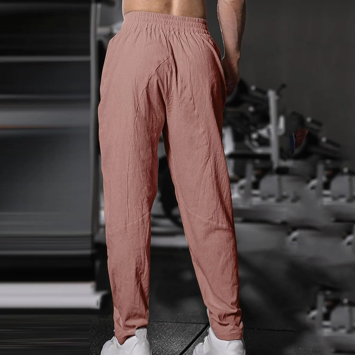 Mens Cotton Linen Pants Solid Fashion Elastic Waist Drawstring Tapered Pant Casual Vintage Hip Hop Harem Trouser