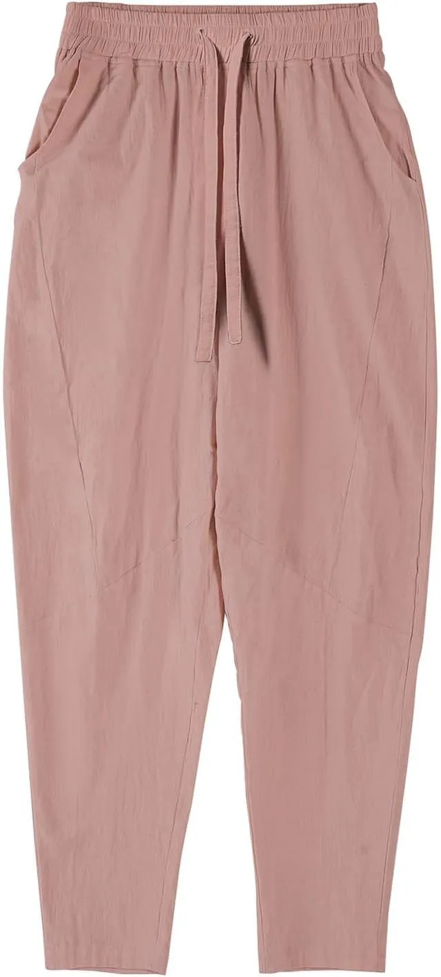Mens Cotton Linen Pants Solid Fashion Elastic Waist Drawstring Tapered Pant Casual Vintage Hip Hop Harem Trouser