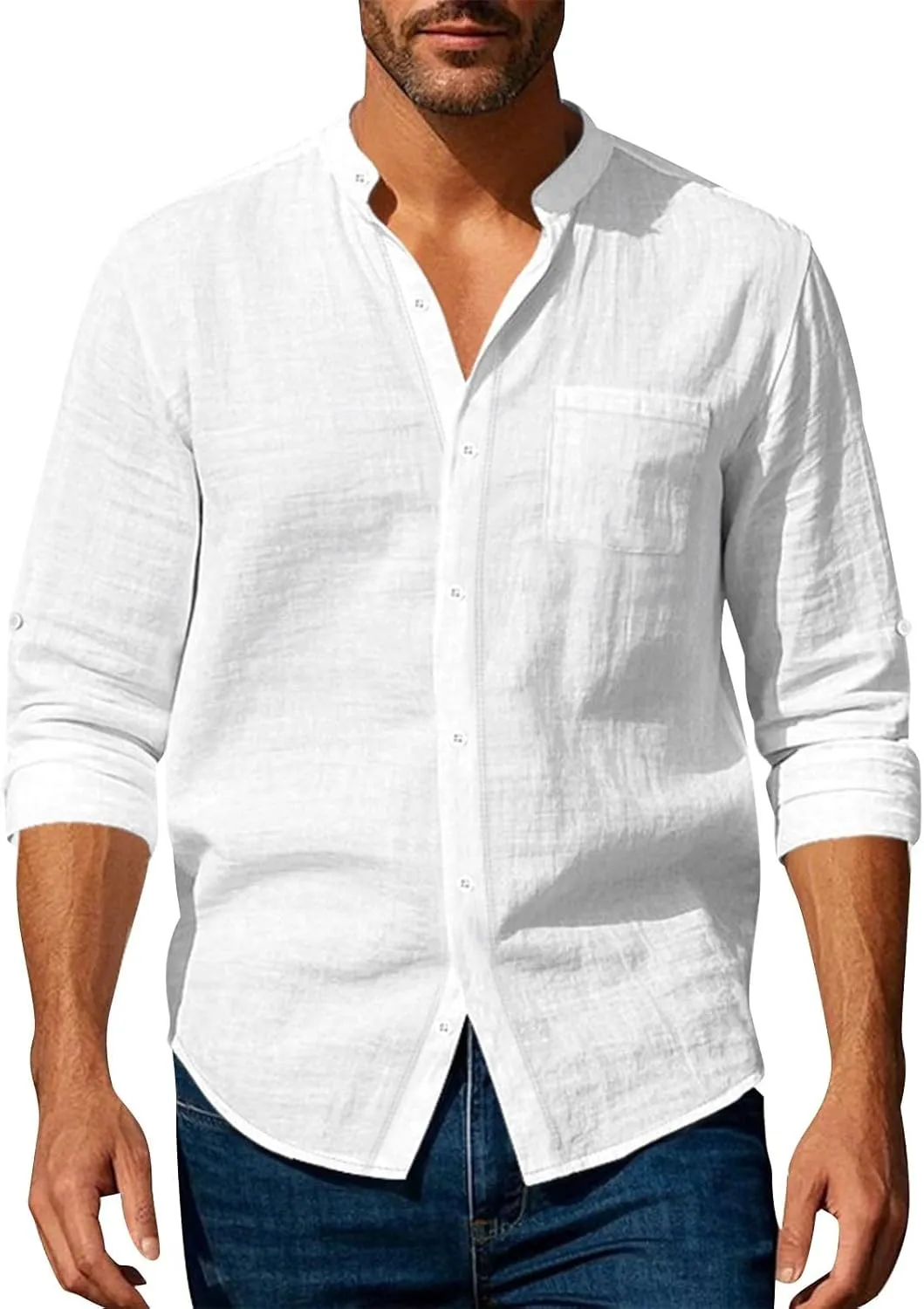 Mens Cotton Linen Shirt Long Sleeve Collarless Casual Button Down Shirt Lightweight Breathable Beach Tops
