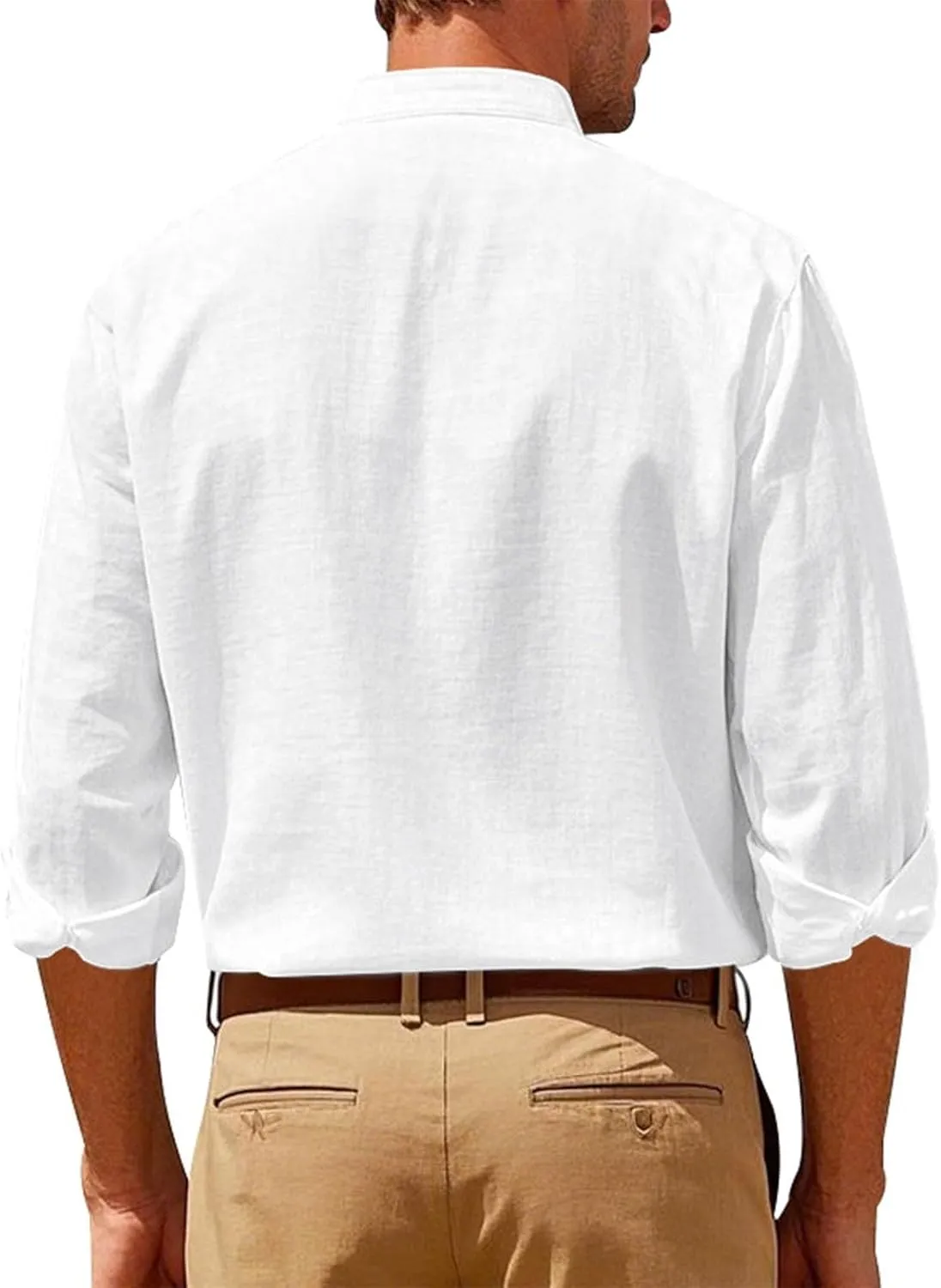 Mens Cotton Linen Shirt Long Sleeve Collarless Casual Button Down Shirt Lightweight Breathable Beach Tops