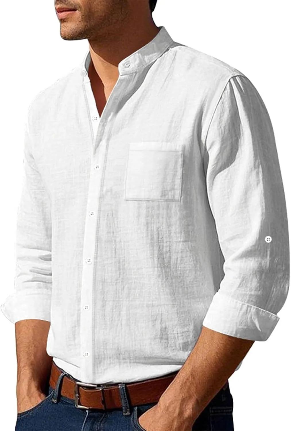 Mens Cotton Linen Shirt Long Sleeve Collarless Casual Button Down Shirt Lightweight Breathable Beach Tops