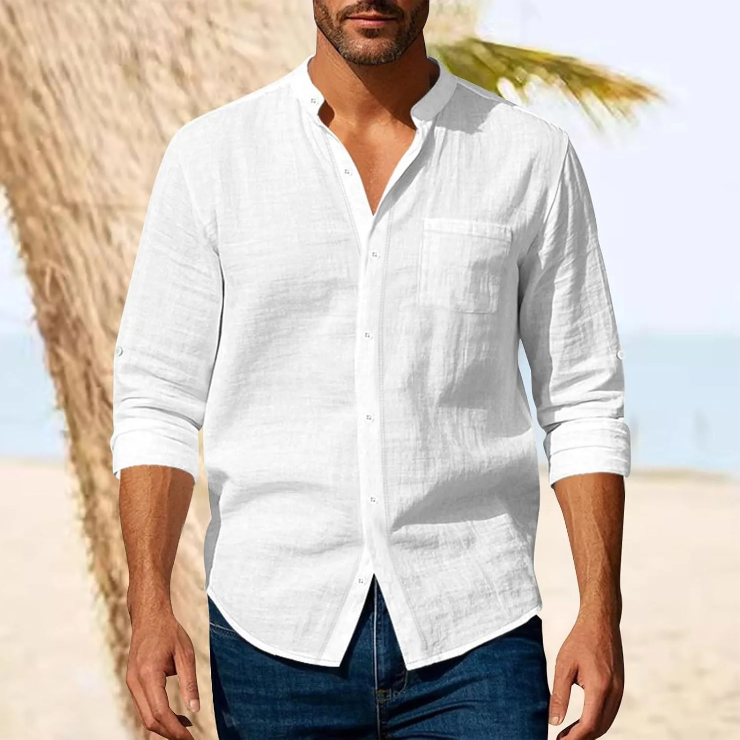 Mens Cotton Linen Shirt Long Sleeve Collarless Casual Button Down Shirt Lightweight Breathable Beach Tops