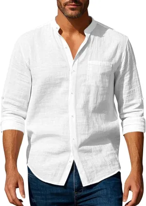 Mens Cotton Linen Shirt Long Sleeve Collarless Casual Button Down Shirt Lightweight Breathable Beach Tops