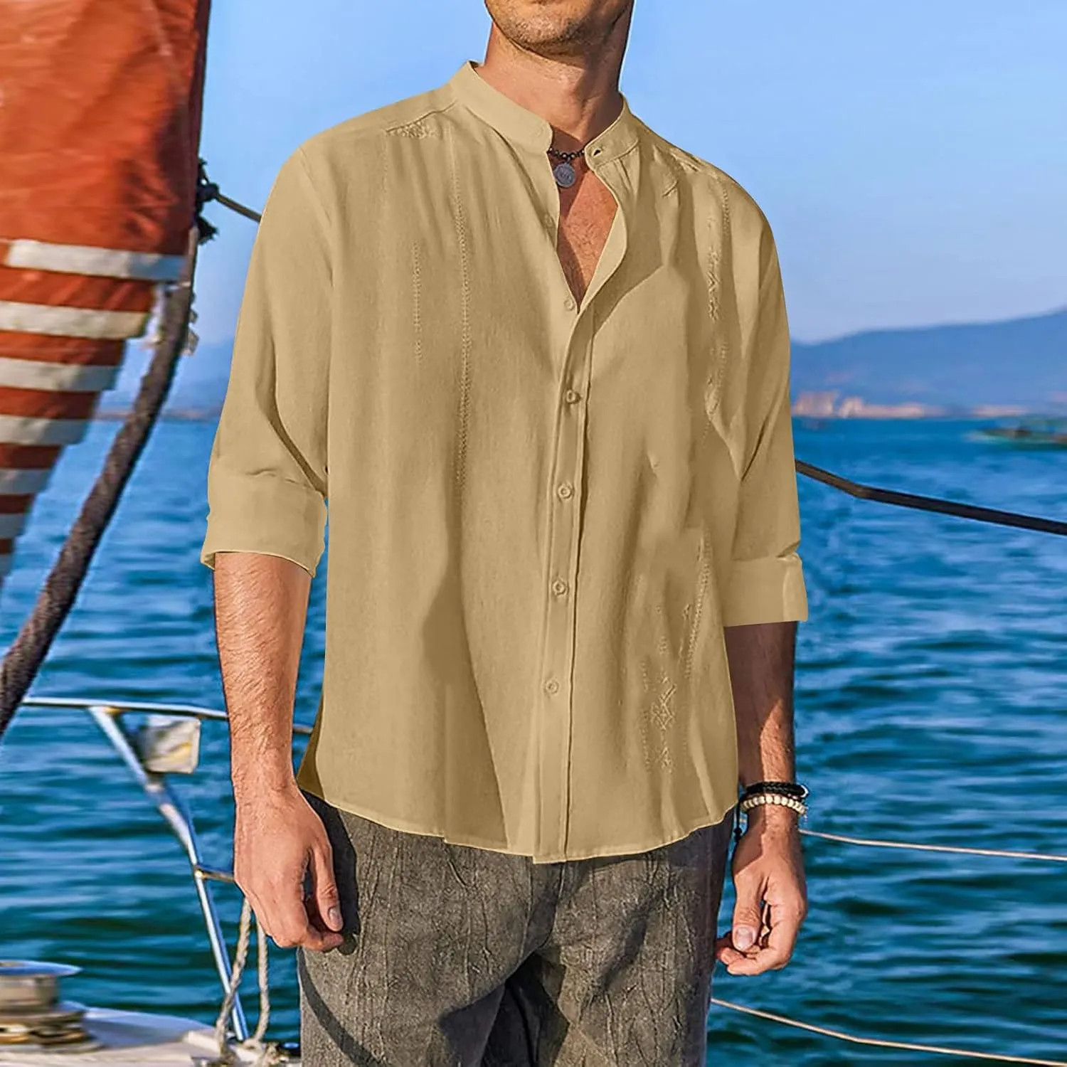 Mens Cotton Linen Shirt Long Sleeve Mandarin Collar Button Down Shirt Lightweight Breathable Beach Tops