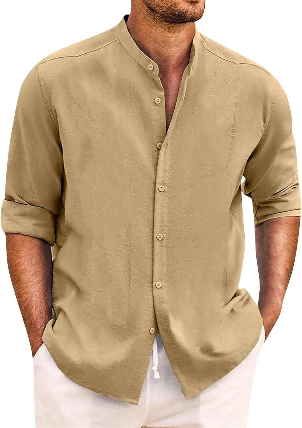 Mens Cotton Linen Shirt Long Sleeve Mandarin Collar Button Down Shirt Lightweight Breathable Beach Tops