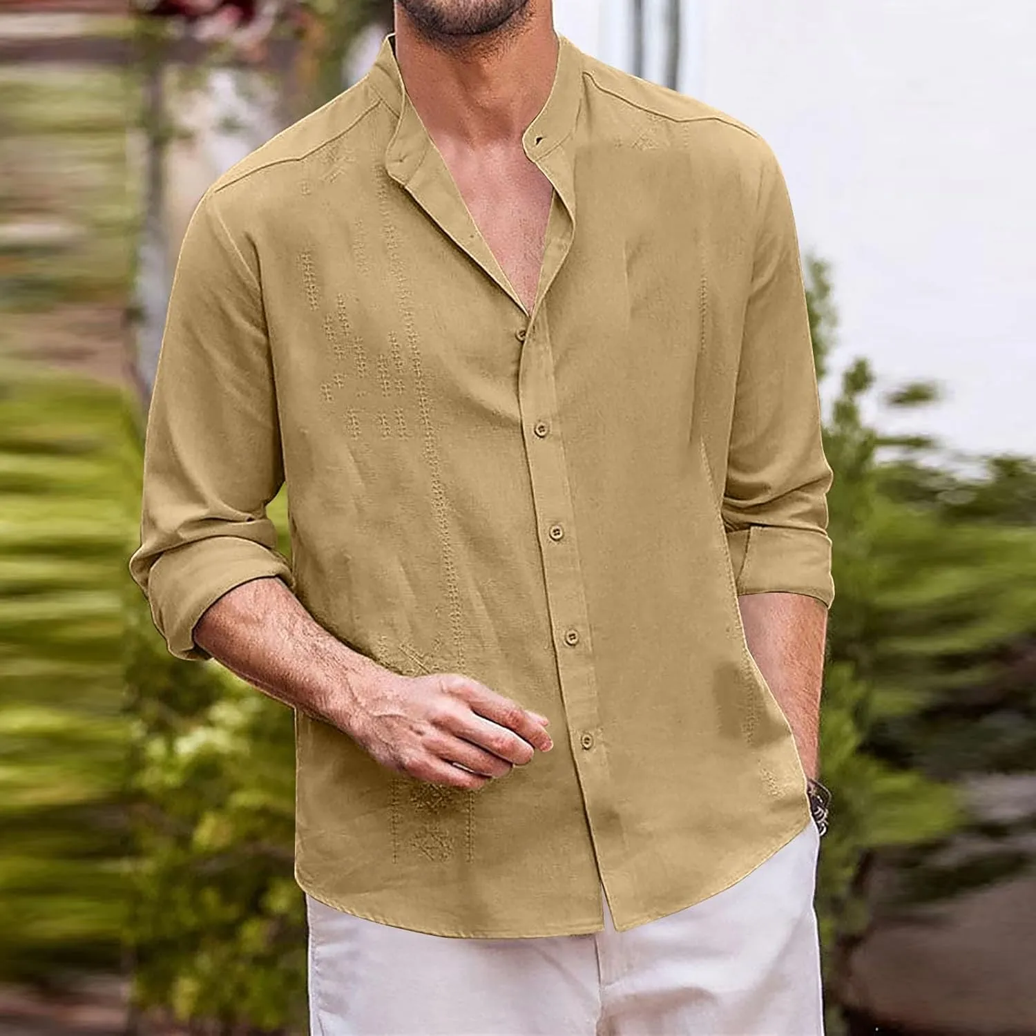 Mens Cotton Linen Shirt Long Sleeve Mandarin Collar Button Down Shirt Lightweight Breathable Beach Tops