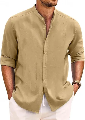 Mens Cotton Linen Shirt Long Sleeve Mandarin Collar Button Down Shirt Lightweight Breathable Beach Tops