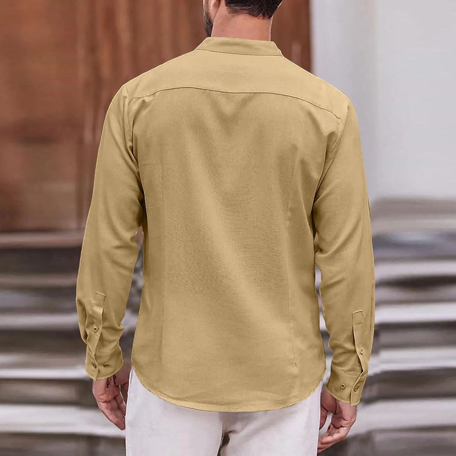 Mens Cotton Linen Shirt Long Sleeve Mandarin Collar Button Down Shirt Lightweight Breathable Beach Tops