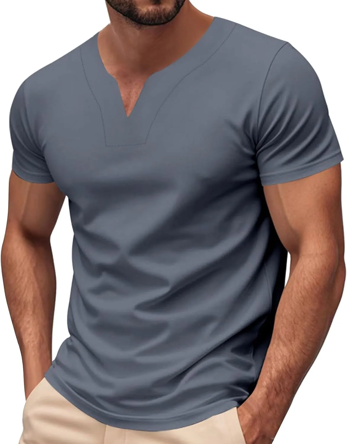 Mens Cotton Shirts Gentlemen's Short Sleeve Jacquard Casual Shirts V Neck Moisture Wicking Muscle Golf Basic Shirt