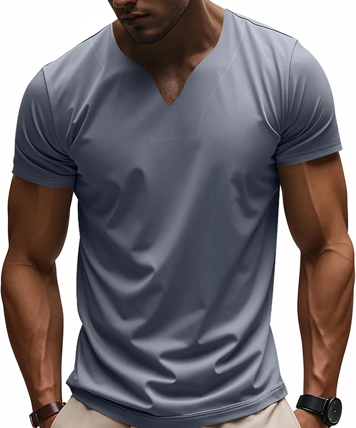 Mens Cotton Shirts Gentlemen's Short Sleeve Jacquard Casual Shirts V Neck Moisture Wicking Muscle Golf Basic Shirt