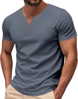 Mens Cotton Shirts Gentlemen's Short Sleeve Jacquard Casual Shirts V Neck Moisture Wicking Muscle Golf Basic Shirt